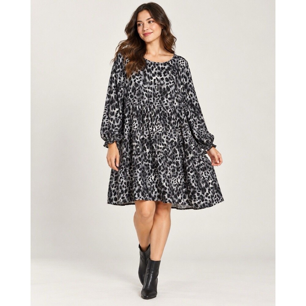Emery Rose Babydoll Leopard Print Tiered Dress Gray Black Size L